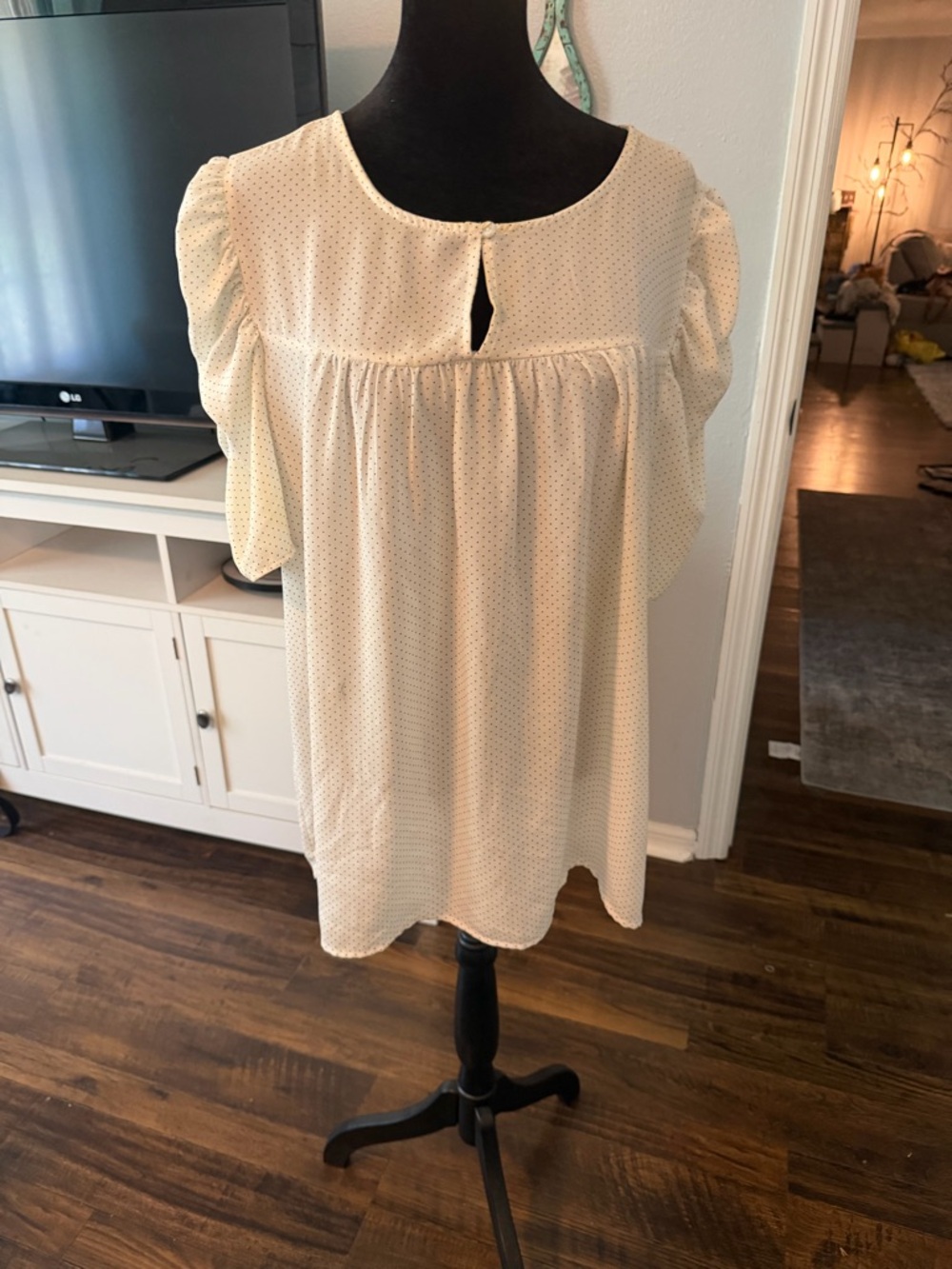 Cream Polka Dot Short Sleeve Peasant Blouse